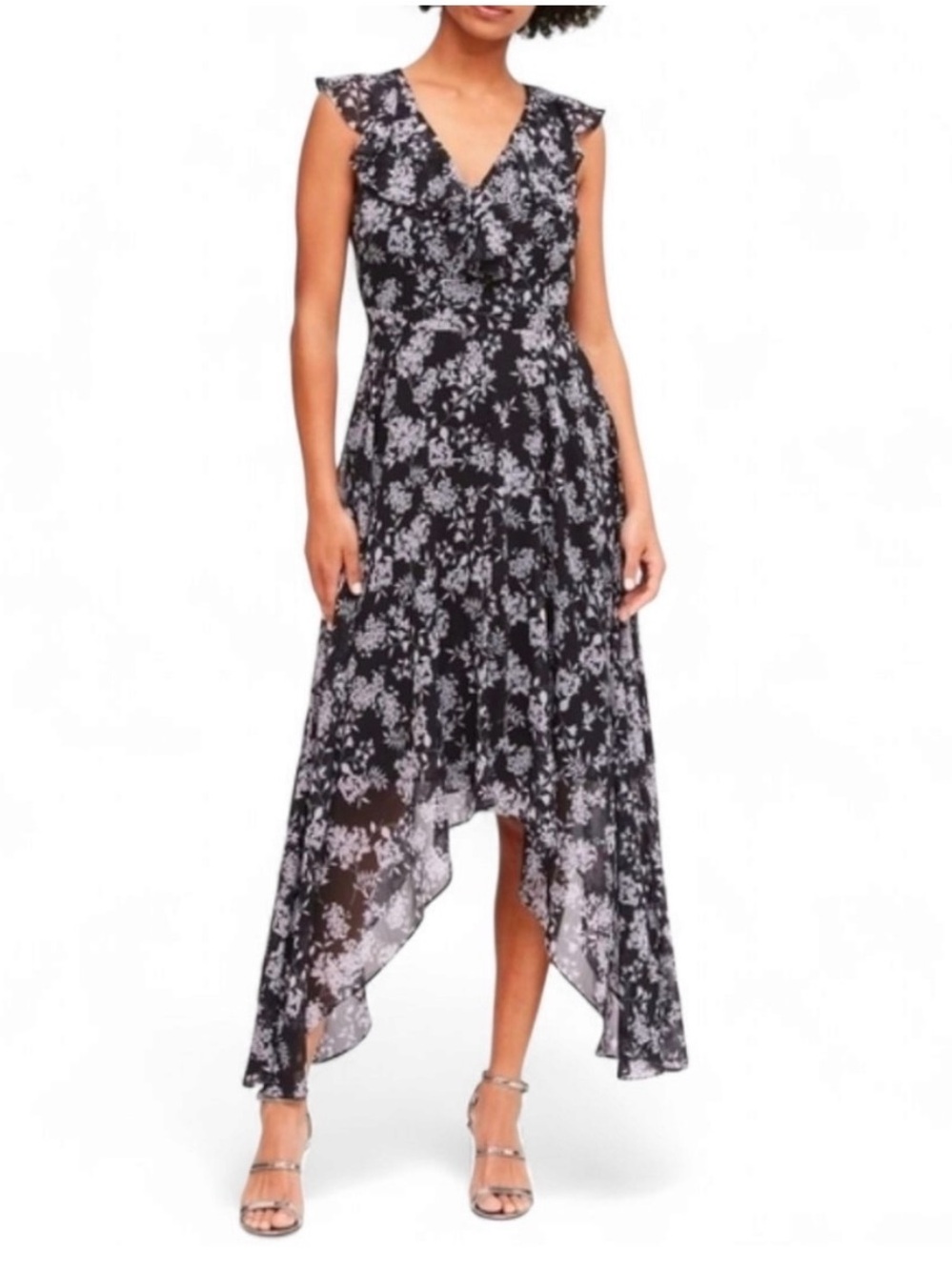 VGUC Women’s Banana Republic Black Floral Ruffle Hi-Lo Maxi Dress size 2P